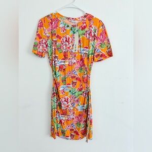 NWT ZARA Cut Out Waist Summer Dress - Medium - Island Theme - Short Sleeve